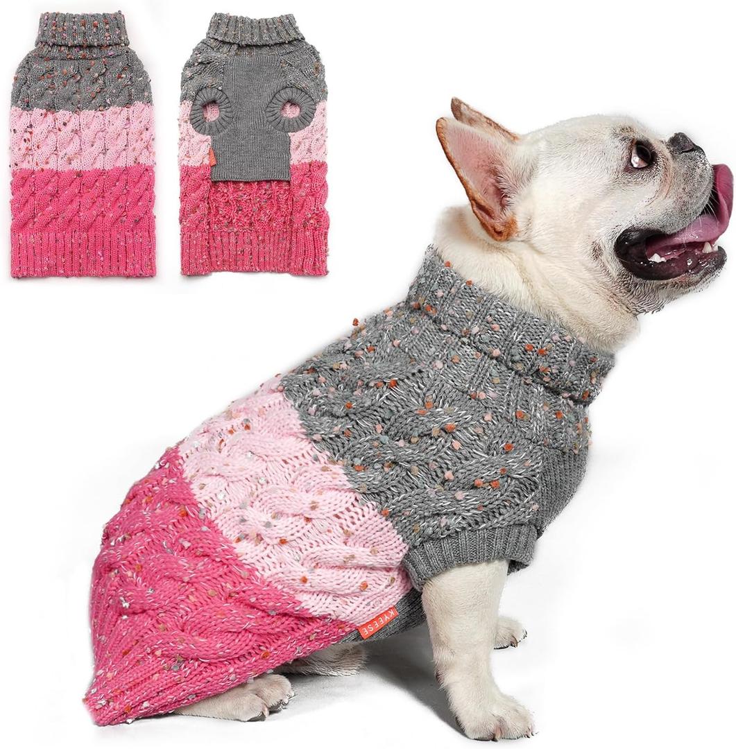 KYEESE Dog Sweater Color Block with Fuzzy Thread Knitted Turtleneck Pet Knitwear with dots in a Variety of Colors for Small Dogs Fall Winter Dogs Clothes, Pink, M (Medium (10-17lbs))