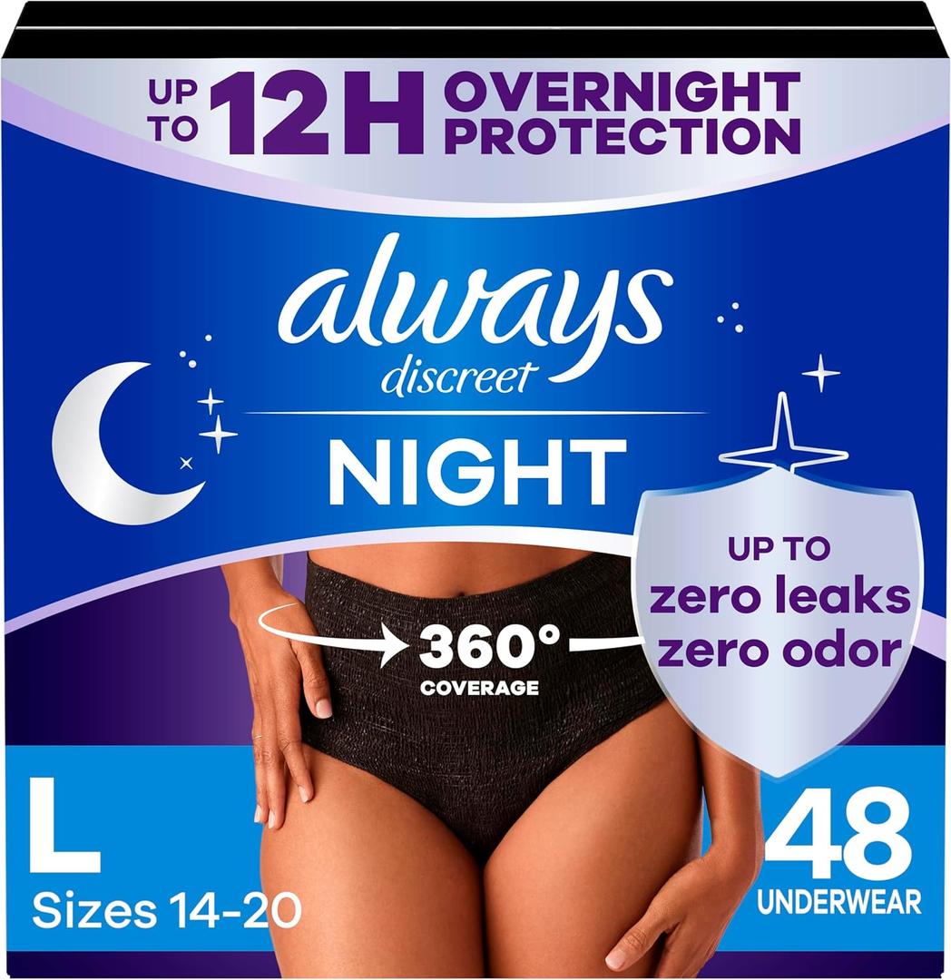 Always Discreet Adult Incontinence Overnight Underwear for Women, Large, Up to 100% Bladder Leak Protection, 48 Count (3 Packs of 16)