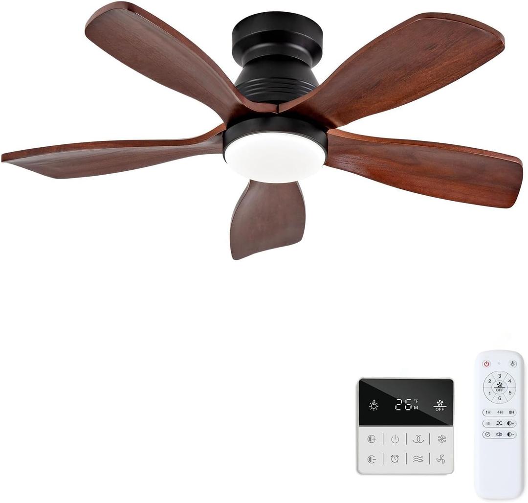 36 Inch Flush Mount Ceiling Fans with Lights and Remote, Dimmable, 5 Blades Wood Ceiling Fan with Light, Low Profile Outdoor Indoor Modern Ceiling Fan for Patio Office (Black Walnut)