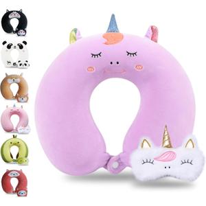 Sexysamba Cartoon Headrest & Neck Pillow for Kids Boys & Girls, Teens, Travel Accessories for Airplane, Car, Recline, Memory Foam Cute Travel Pillow with Sleep Eye Mask - Purple Unicorn