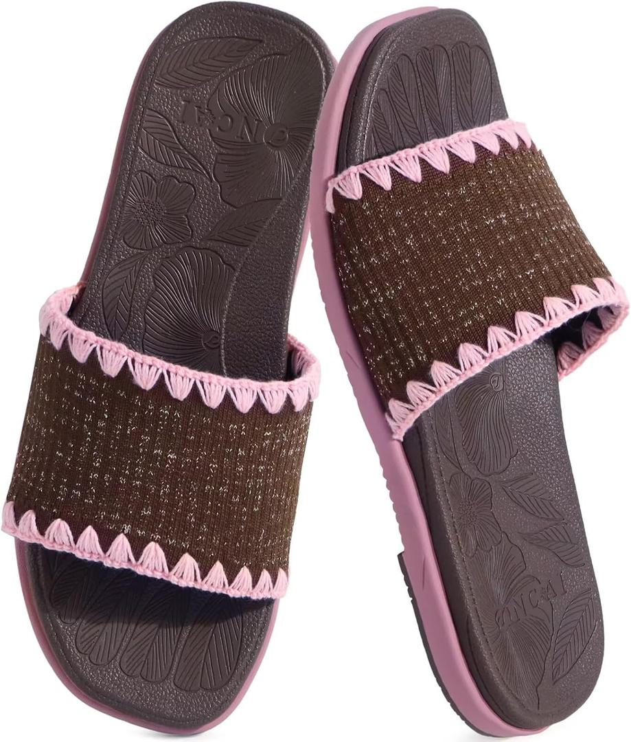 ONCAI Womens Flat Slides Sandals Soft Knitted with Golden Thread Inlay Summer Vacation Walking Sandalias Mujer with Outdoor Rubber Soles, Size 8