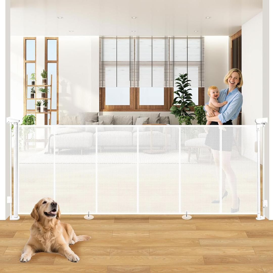 120" Extra Wide Retractable Baby Gates Dog Gate, Long Mesh Gate Pet Gate for Large Opening, 34" Extra Tall Child Safety Gate with Reinforced Strips for Stairs Hallways Doorways Deck Indoor Outdoor