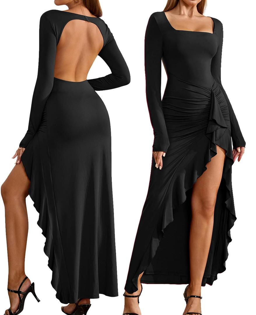 GLNEGE Women Long Sleeve Backless Bodycon Formal Maxi Dress Square Neck Ruffle Slit Wedding Guest Cocktail Dresses Fall Black (L)