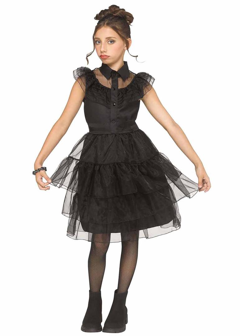 Black Tulle Princess Dress for Girls, Ruffled Sleeves, Tiered Skirt, 10-12 Y