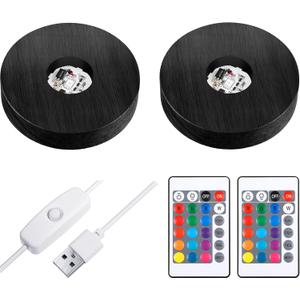 Mudder 2 Pieces LED Base Display Base Lighted Display Stand,16 Colored USB Light Table Wood Round Crystal Light Art Table Centerpiece with Remote Control(Black)