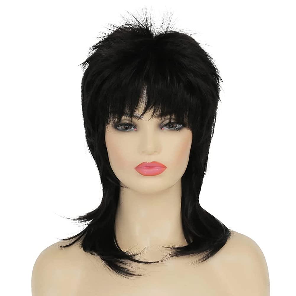 Mullet Wig for Women Black Shoulder Length Shaggy Layered Wig Curly 80s Wigs Heat Resistant Cosplay Daily Hair Wigs (Black)