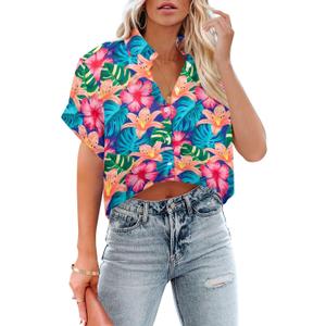 Cropped Hawaiian Shirts for Women Hawaii Tropical Button Down Tops Floral Tropic Print Summer Beach Outfits (XXL)