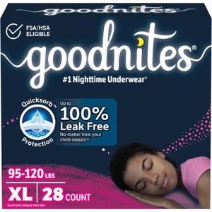Goodnites Girls' Nighttime Bedwetting Underwear, Size Extra Large (95-120 lbs), 28 Ct (2 Packs of 14)