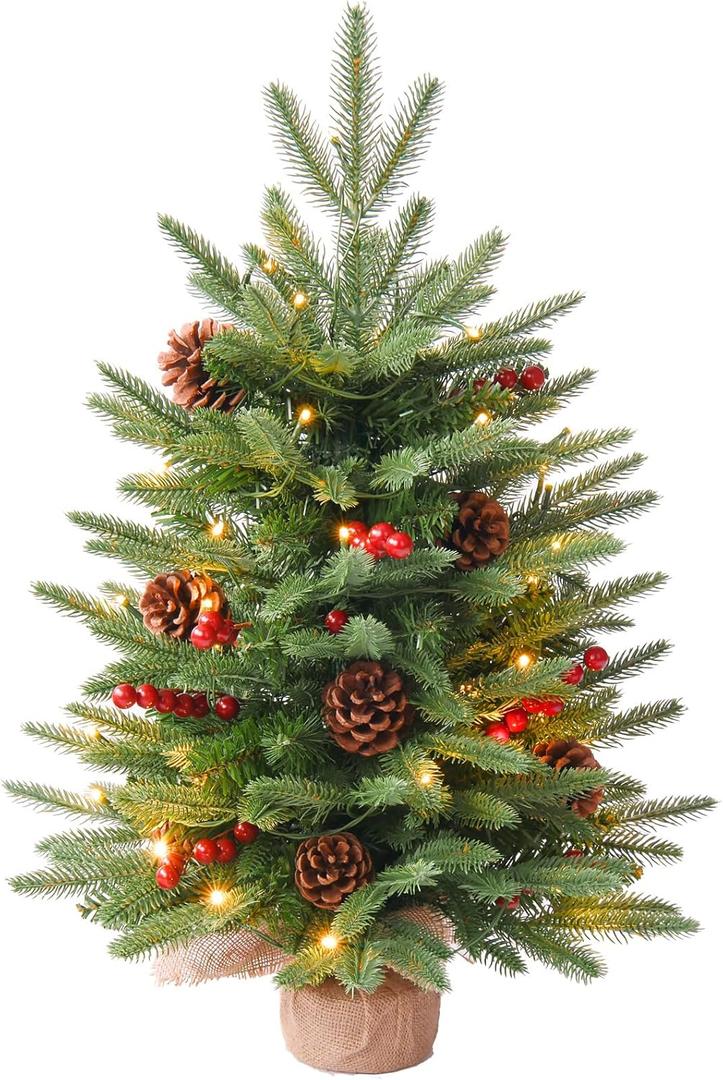 2FT Pre-lit Artificial Small Mini Christmas Tree with Warm White Multi-Color LED Lights, Timer Battery Operated, Perfect for Xmas Tabletop Decorations, Home, Kitchen, Dining Table top Green