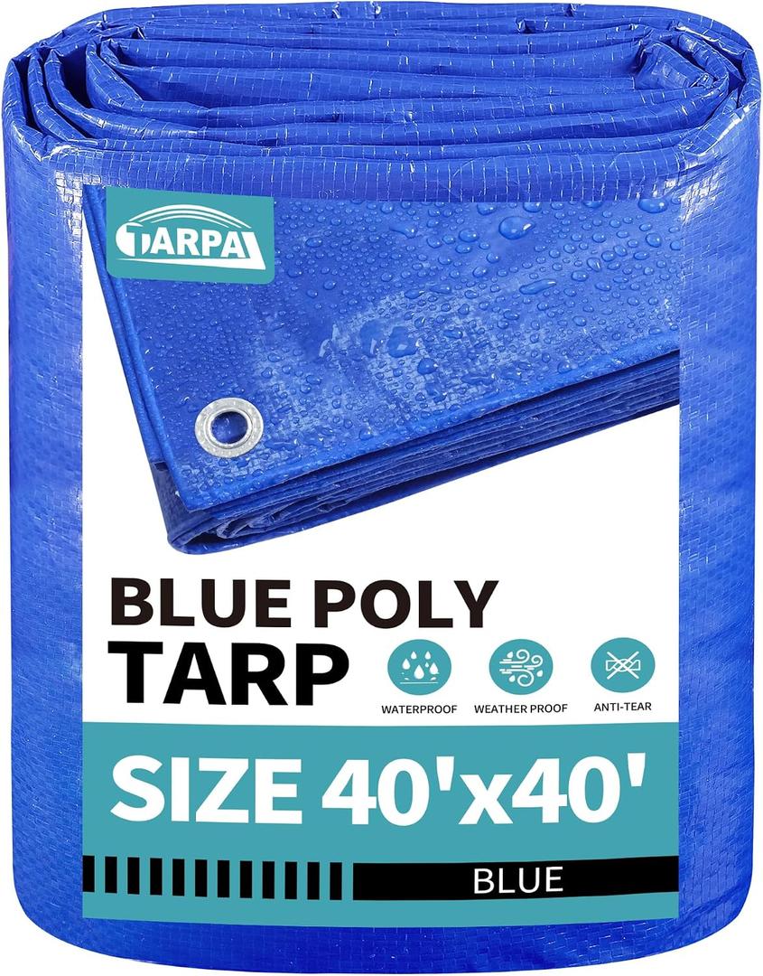 TARPAL 40x40 feet Blue tarp, 8mil Medium Duty tarps Waterproof, Tear Resistant with Metal Grommets, Suitable for Outdoor Tent Emergency rain Cover,Floor tarp,and Other uses.