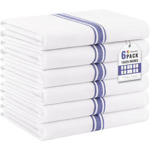 6 x Homaxy Kitchen Towels 6 Pack, 15 x 25 Inch, 100% Ring Spun Cotton Highly Absorbent Dish Towels for Kitchen Drying, Reusable Cleaning Cloths, Soft Tea Towel with Hanging Loop, Blue Stripe