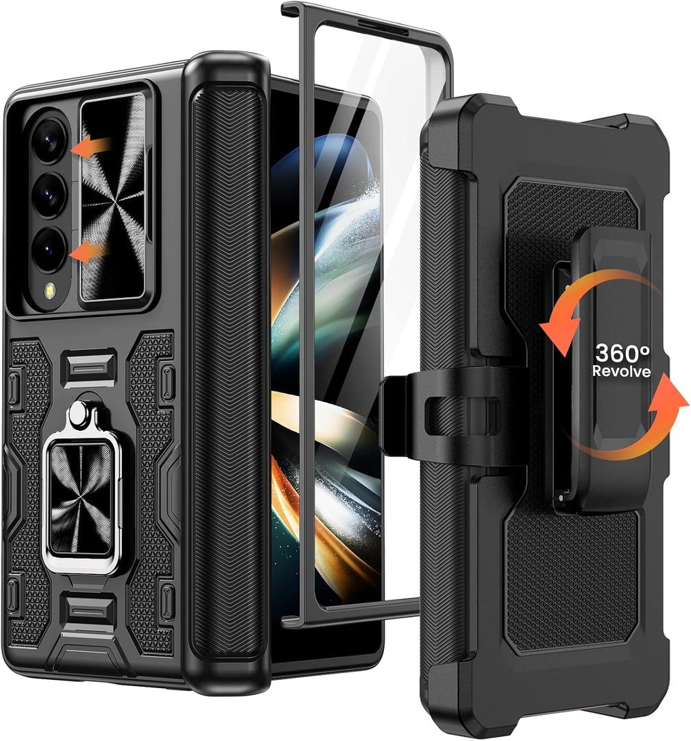 Caka for Z Fold 4 Case, Galaxy Z Fold 4 Case with Kickstand & Belt-Clip Holster Camera Cover with Built-in 360Rotate Ring Stand Magnetic Case for Samsung Galaxy Z Fold 4 -Black