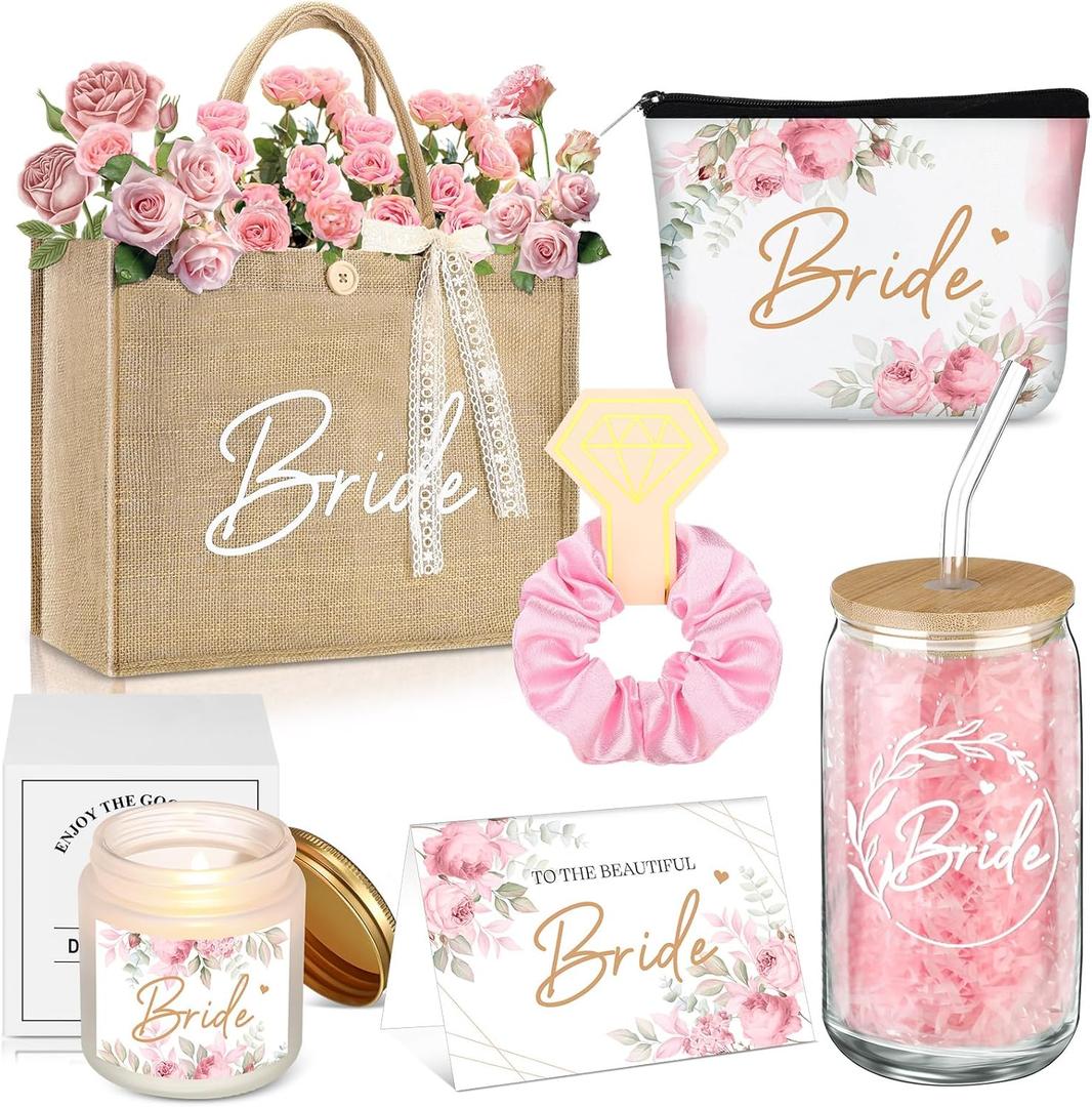Hushee 6 Pcs Bride Gifts Set for Bachelorette Party, Bridal Shower Gifts Box for Wedding Engagement Engaged Bride to Be, Handbags, Cosmetic Bags, Tumbler, Candle, Card, Hair Scrunchies (Flowers)