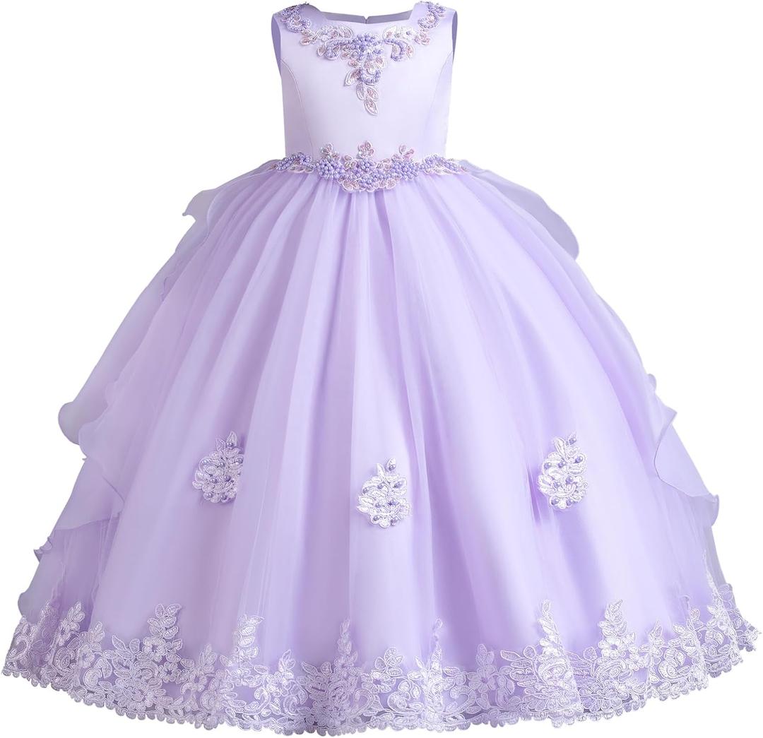 Flower Girls Lace Bridesmaid Dress Kids Wedding Pageant Party Long Prom Formal Ball Gown Princess Puffy Tulle Evening Dress (4-5T, Violet)