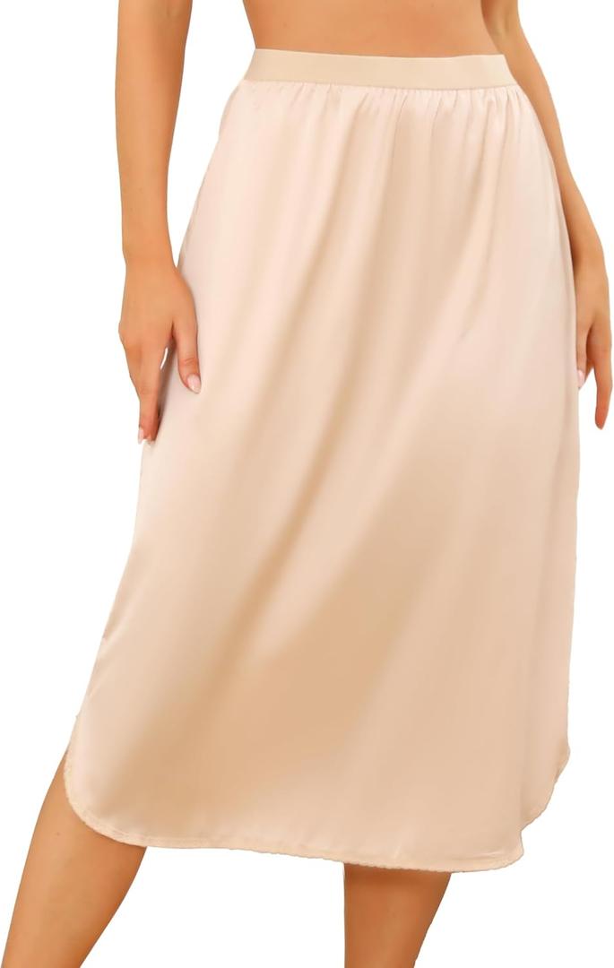 Vlazom Women's Satin Half Slip Under Slip Long Underskirt Half Slips for Under Dresses Slip Side Slit Size S (Nude)