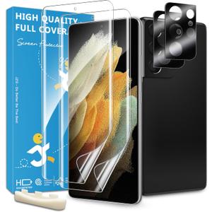 JZG 2 Pack for Galaxy S21 Ultra Screen Protector [Soft Film], 2 Pack Camera Lens Protector, Fingerprint Unlock, Curved Edge Coverage, Anti-Scratch, Easy Installation