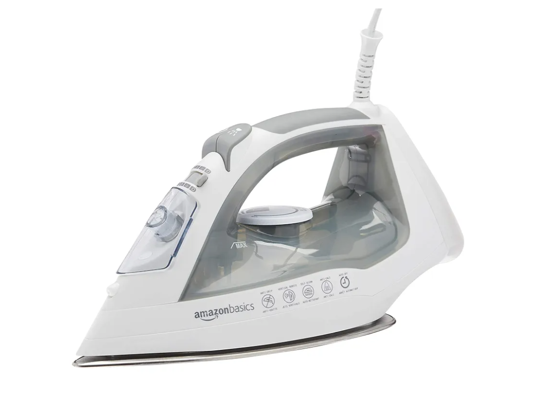 Amazon Basics Steam Iron for Clothes with Safety Auto Shut-Off, Handheld Garment Steamer, Wrinkle Remover, Stainless Steel Soleplate, Anti-Drip, 1700-Watt, 1.62ft, Gray
