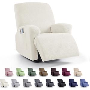 KinCam Recliner Covers, Stretch Reclining Chair Covers, Recliner Sofa Slipcovers Stripe Jacquard Recliner Couch Covers Furniture Protector Covers for Pet Kid (1 Seater, Cream)