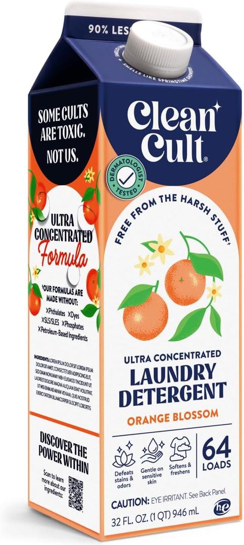 Cleancult Ultra Concentrated Liquid Laundry Detergent, 64 loads (32 oz), Long Lasting Scent, 90% Less Plastic, No Harsh Chemicals, Orange Blossom, Defeats Stains & Odors, HE/Standard Compatible (32 Fl Oz (Pack of 1))