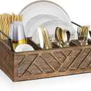 Flatware Organizers Paper Plate Dispenser with Handles, Paper Plate Holder for Kitchen Counter, Wood Rustic Silverware Utensil Caddy, Brown