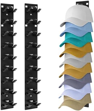 Jovisceros 2 Pack Hat Organizer for Baseball Caps Preserve Shape, No Squish! Wall Mounted Hat Rack with Strong Adhesive Holds 18 Hats, over the Door Organizer for Closet Bedroom (Black)