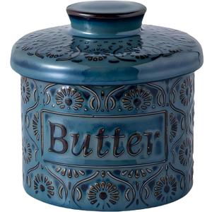 Ceramic Butter Crock with Lid, French Butter Dish with Water Line for Countertop, Butter Keeper for Spreadable Butter, Container Holder for Kitchen and Home Decor, 6.7 OZ, Vintage Blue