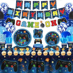 229 Pcs Video Game Decorations Game Birthday Party Supplies Video Game Decorations Tableware Set Include Plates Banner and Tablecloth for Game on Birthday Decorations Kids Serves 20 Guests
