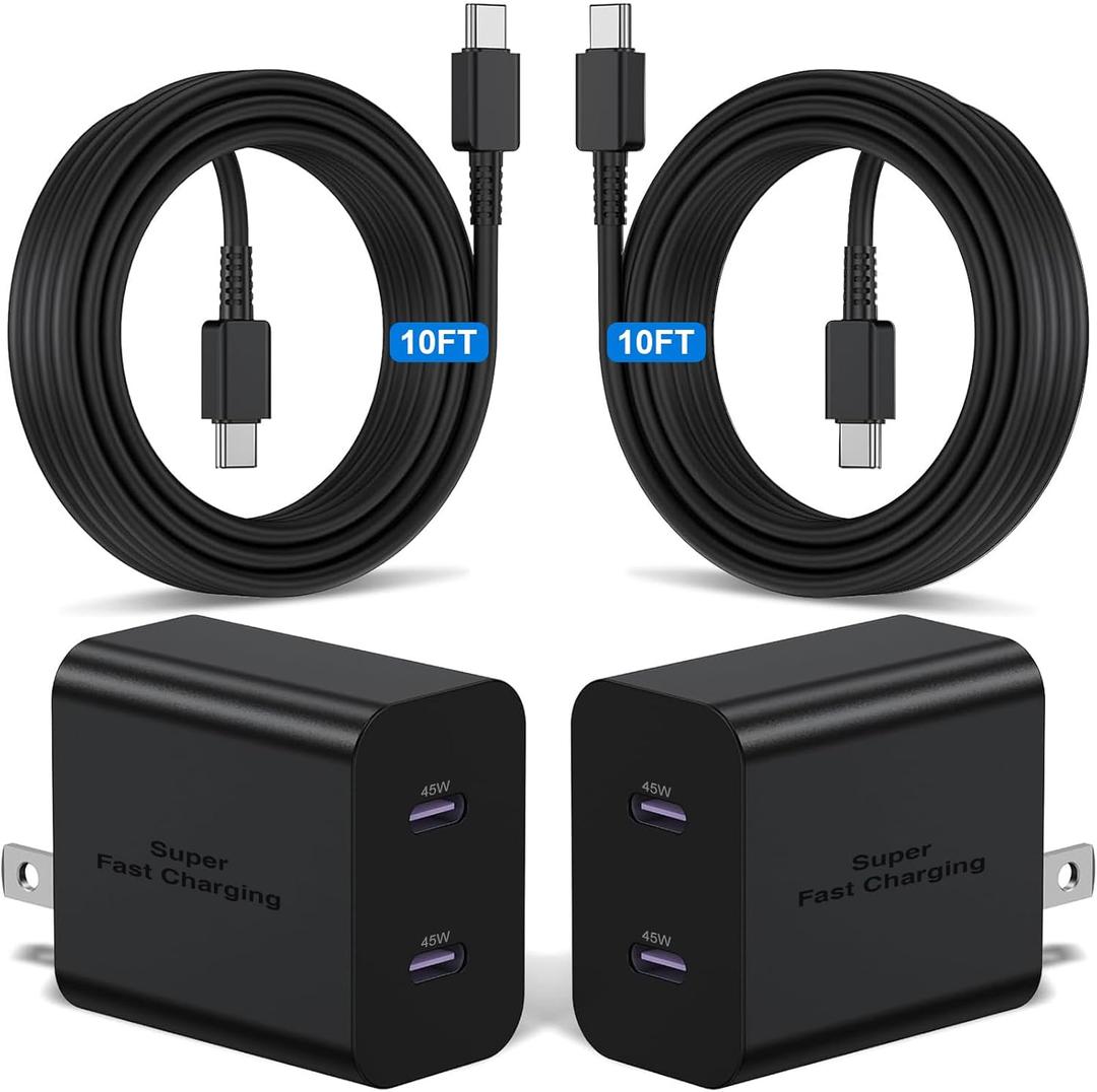 2Pack 45W Dual Port Super Fast Charger Type C 10ft,USB C Wall Charging and Long Android Phone Charger Cable Cord for Samsung Galaxy S26 Ultra/S25 Plus/S25/S24+/S24 Ultra/S23 Ultra/S22 Plus/S21/Note 20