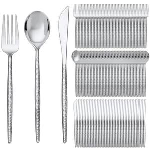SUT 300PCS Silver Plastic Silverware Set - Disposable Utensils Include 100 Knives, Forks and Spoons - Hammered Cutlery for Party