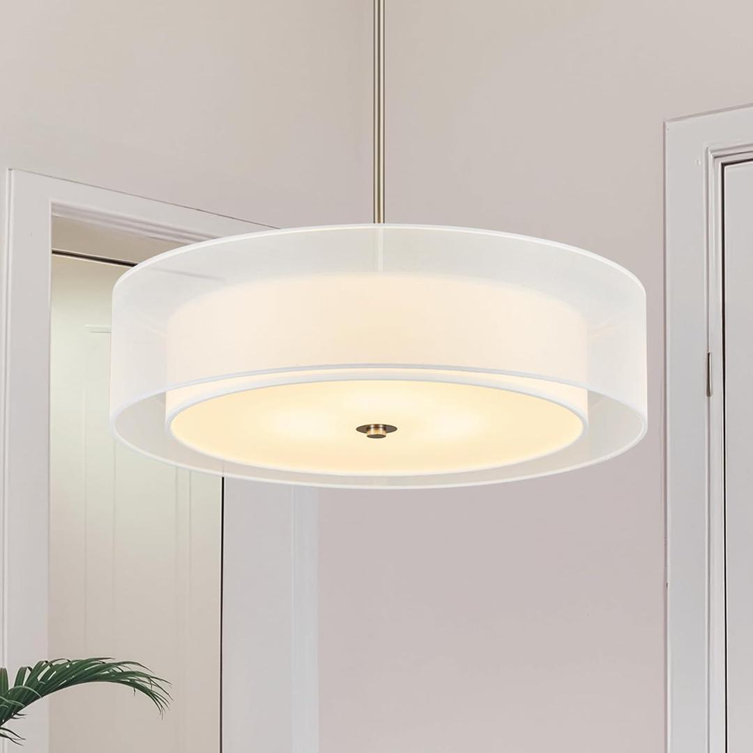 VONLUCE 20" Drum Chandelier, 3-Light White Fabric Pendant Light Fixture