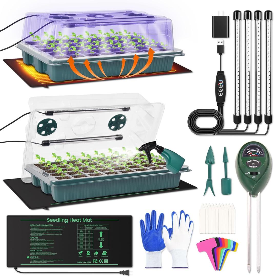 2 Pack 80 Cells Seed Starter Tray with Grow Light & Heat Mat, Plant Seed Starter Kit with Humidity Domes, Automatic Timer, and Adjustable Brightness for Indoor Greenhouse Gardening