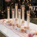 NUPTIO Candlestick Holder with Fluted Hurricane: Set of 6 Metal Candle Holders with Glass Cylinders - Gold Taper Candleholders for Birthday Valentine Wedding Table Centerpiece Outdoor Decor