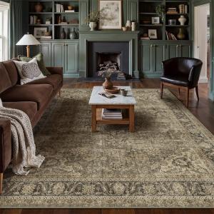 12x15 Washable Area Rug Brown Vintage Non Slip Soft Low Pile Rug for Living Room Bedroom Dining Room Office Distressed Oriental Indoor Extra Large Throw Carpet for Home Decor
