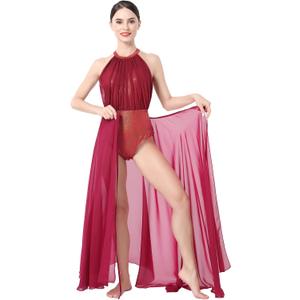 AFAVOM Women's Lyrical Dance Costume Shiny Metallic Lyrical Dress Leotard + Flowy Tulle Skirt 2PCS Contemporary Dance Costume, Large, Wine Red