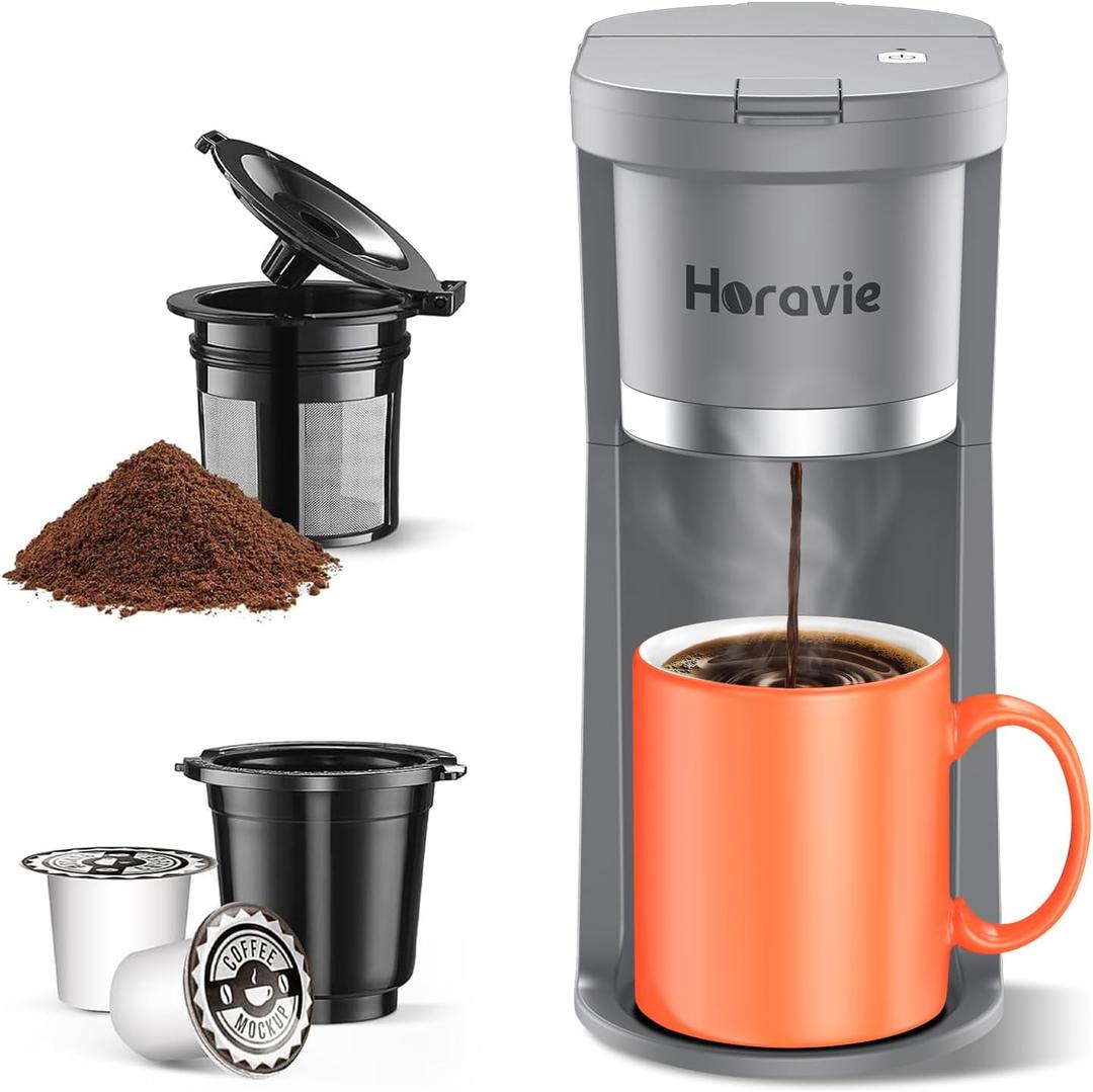 Horavie Small Single Serve Coffee Maker, Fast Brew One Cup Coffee Machine for K Cup and Grounds, 6 to 12 oz. Brew Sizes, Capsule Coffee Machine with Descaling Reminder and Viewing Tank, Grey (9.45 Inches)