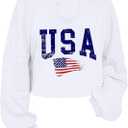 Women's USA Flag Sweatshirts Long Sleeve Crop Graphic Sweatshirts Cute V Neck Shirts Tops(White1,XL) (White, XL)