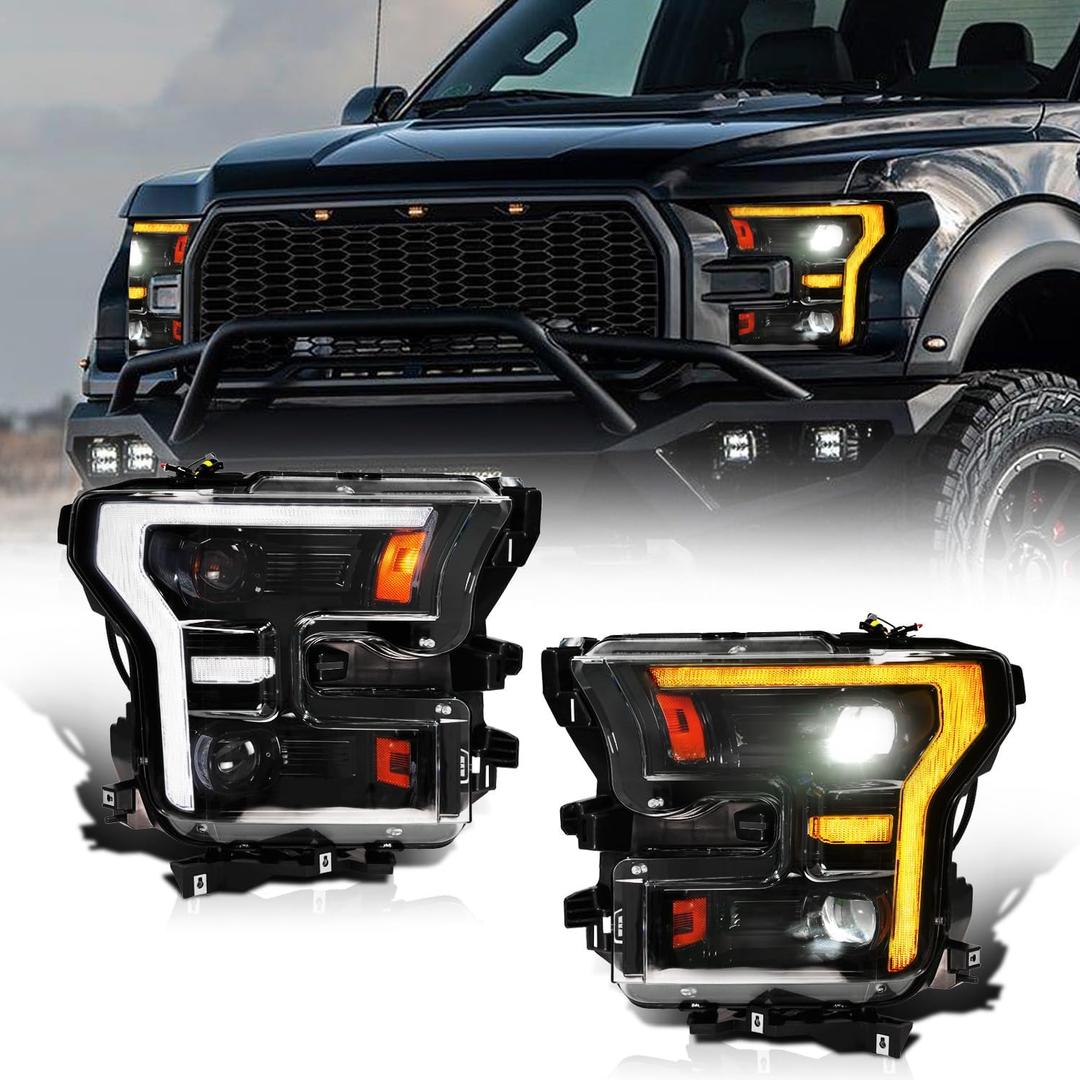 Archaic Headlights Assembly Compatible for Ford F150 2015-2017, Raptor 2017-2020, Projector Headlight with Sequential Turn Signal for F150 XL/XLT/LARIAT/KR/PLATINUM/LIMITED/RAPTOR, Plug&Play, Pair