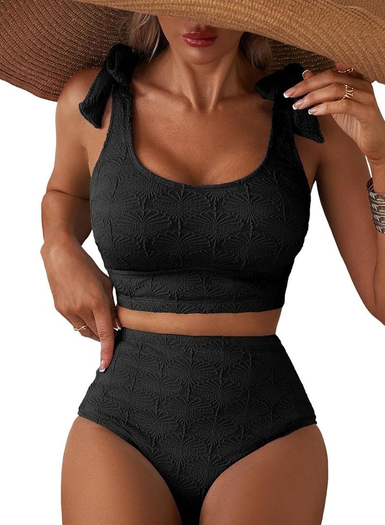 Herseas Women 2 Piece High Waisted Bikini Sets Seashell Textured Tie Strap Swimsuits Bathing Suit Beach Summer Outfits (Black, M)