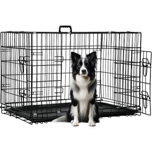 FDW Dog Crate 42-Inch Dog Cage Foldable Metal Kennel with Leakproof Tray Foldable Design Indoor Outdoor Use for Large Dogs, Dark Black