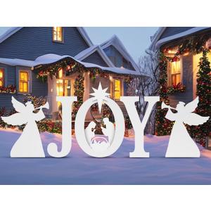 Christmas Joy Nativity and Angels Outdoor Decoration, JOY Christmas Nativity Scene Yard Signs Lawn Decor Weather Resistant PVC Silhouette Outdoor Decor, White