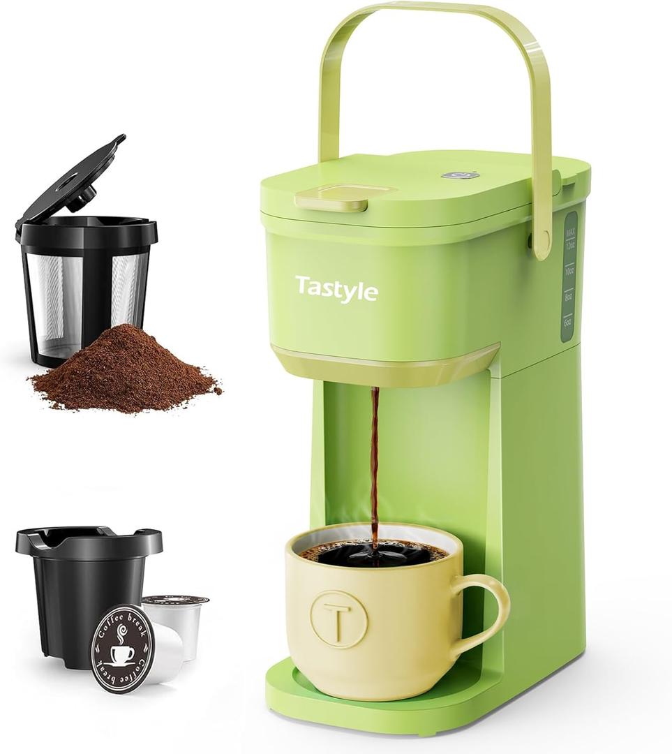 Single Serve One Cup Coffee Maker, for K Cups and Grounds, Mini Coffee Maker with Portable Handle, 6 to 12 Oz Brew Size, for Travel, Camping, Office, RV and Dorm, 120V, Lime Green