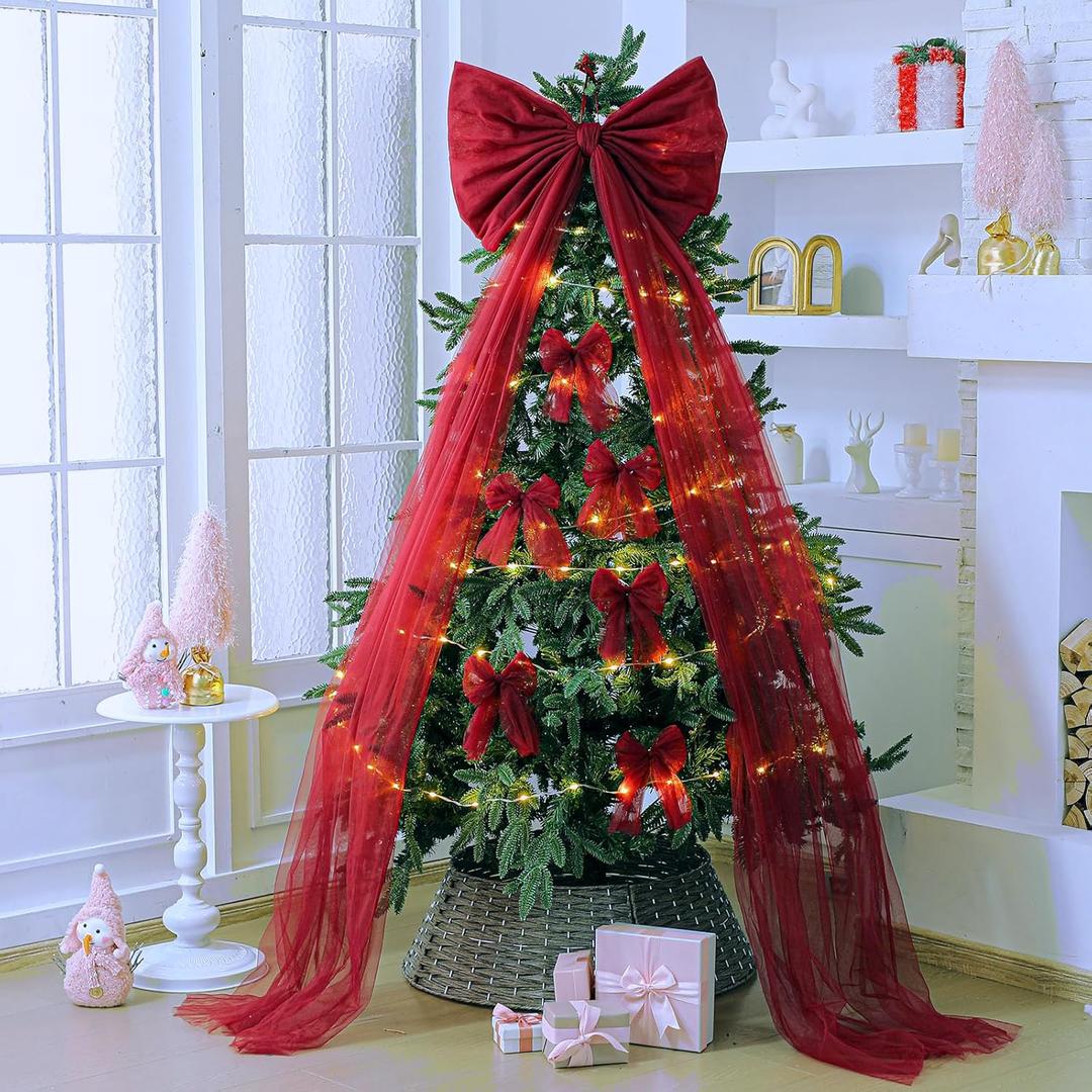 Extra Large Mesh Christmas Tree Topper Bow 21.65 x 78.74 in with 12 Small Mesh Bow Decor Christmas Tree Topper Wreath Bows for Xmas Home Wedding Car Holiday Decor Supplies(Burgundy Red)