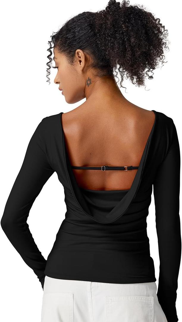 QINSEN Women's Cowl Back Long Sleeve Shirts Boat Neck Double Lined Going Out Tops Stretchy Fitted Casual T-Shirts (Large, Black)