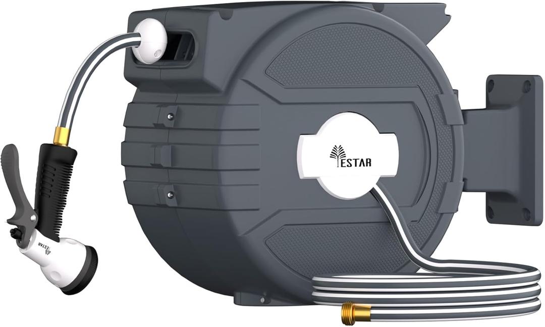 Retractable Garden Hose Reel 1/2 in x82 ft, Garden Water Hose Reel with 7- Function Sprayer Nozzle, Any Length Lock/Automatic Slow Return System,180 Swivel Bracket (Gray-white)