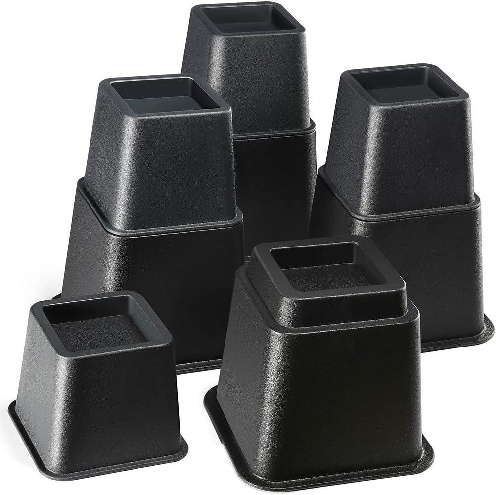 Home It Adjustable Bed Risers - Elevation in 3, 5 or 8 Inch - Heavy Duty Stackable Furniture Risers Supports 1,300 lbs - for Under-Bed Storage, College Dorms, Table and Couch, 4 Pack Bed Lifts Black