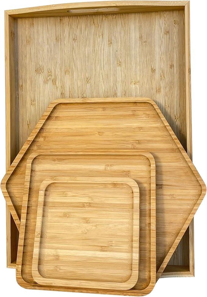 PAFREWOG Bamboo Serving Trays Cutting Boards 16.5"x11.8"（42x30cm with Handle, Set Includes 0.63"(1.6cm) Thick Plates 1xHexagon 12.5"(32cm)+1xHexagon 9.8"(25cm)+1xSquare 5.9"(15cm) for Family Dinner