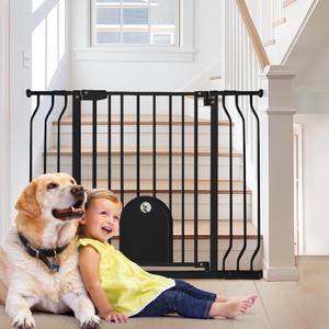 Baby Gate with Cat Door for Stairs - Auto Close & Easy Walk Thru Dog Pet Gates for Stairs 30"-43.7" Wide, Doorway, Pressure or Wall Mounted Child Gate Includes 4 Wall Cups 2 Extensions