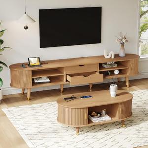 Merax Wooden Farmhouse TV Stand & Coffee Table Set with Charging Station,Oval Fluted Media Console with Sliding Doors for TV up to 80", Mid-Century Center Table with Wood Legs for Living Room,Natural, 18 inches x 81 inches x 5.25 inches