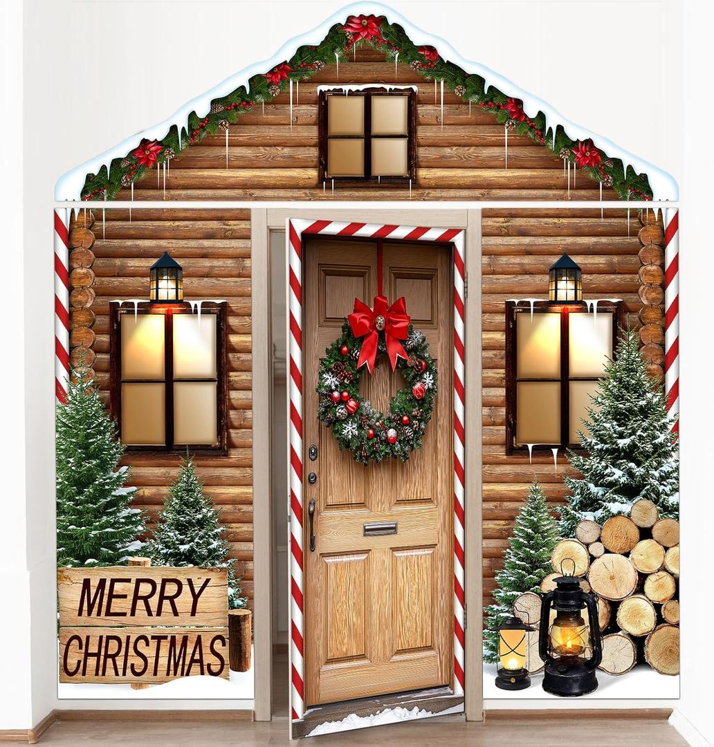 4 Pcs 98 Inch Christmas Log Cabin Door Cover Decorations Xmas House Classroom Door Banner Hanging Backdrop Porch Sign for Holiday Classroom Photography Photo Background Home Party Decor