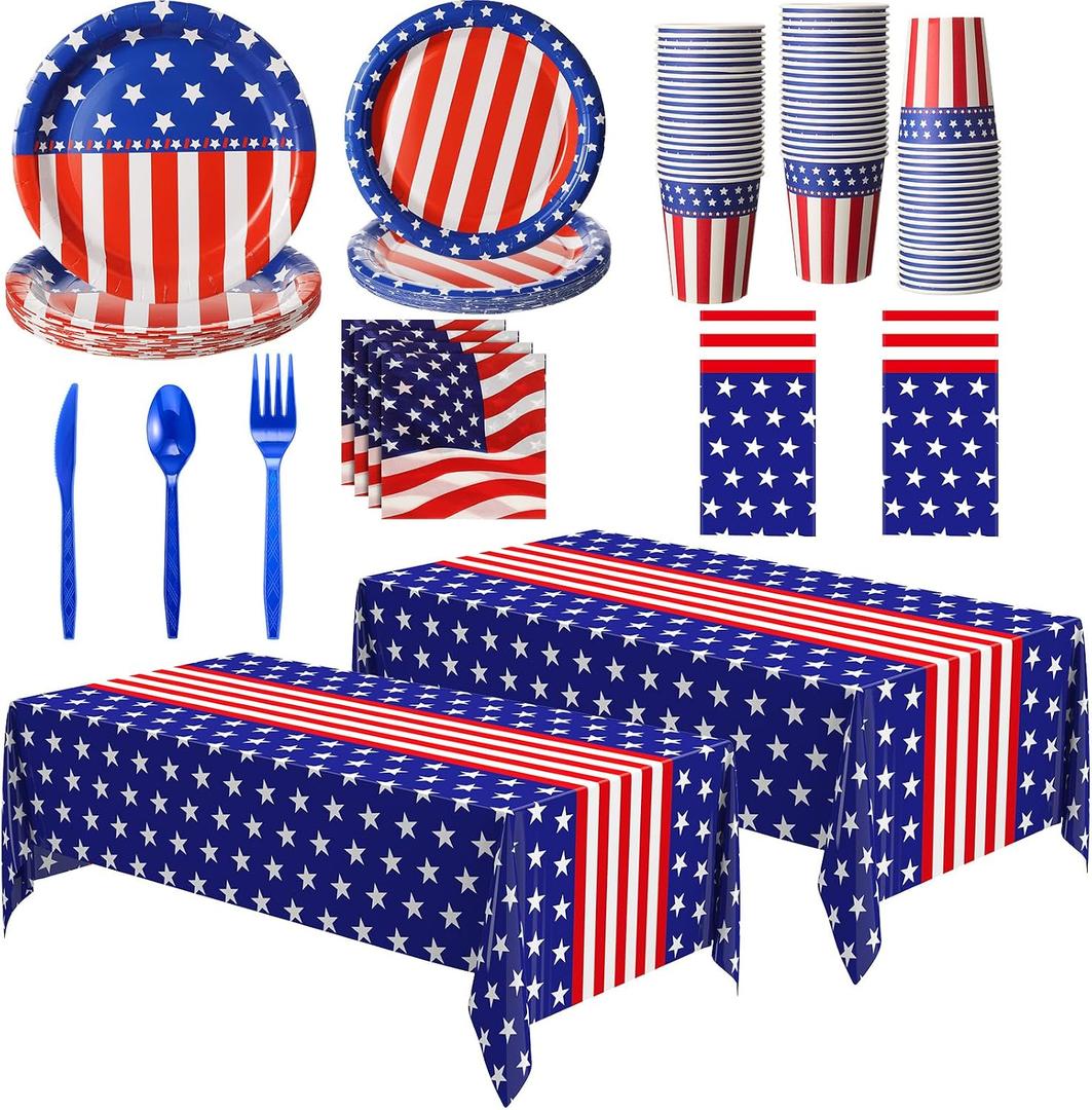 Oudain 162 Pcs American Flag Patriotic Party Supplies Red White and Blue Disposable Plastic Tablecloths Knife Fork Spoon Paper Plates Cups Napkins for 4th of July Independence Day Decor (Classic)